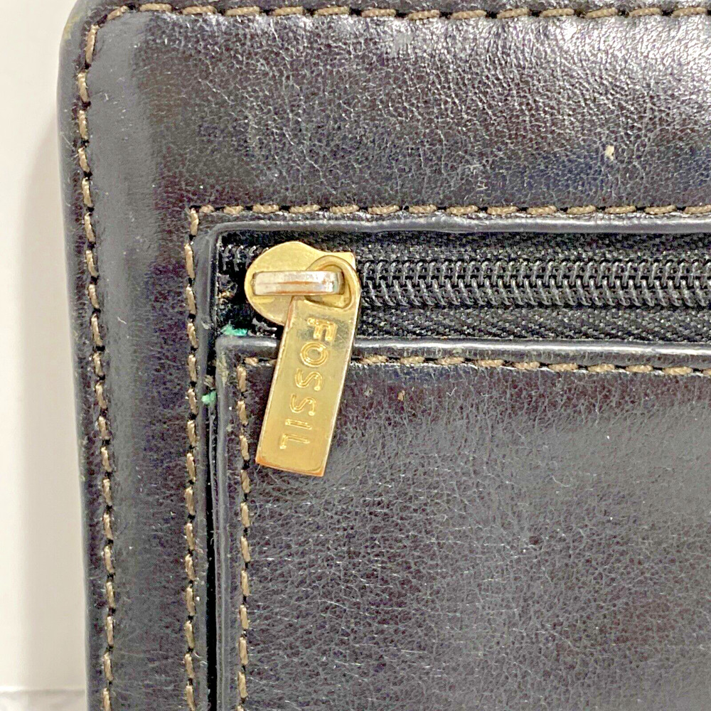 Vintage Fossil black leather wallet bifold coin pocket contrast interior ID slot - Picture 3 of 9